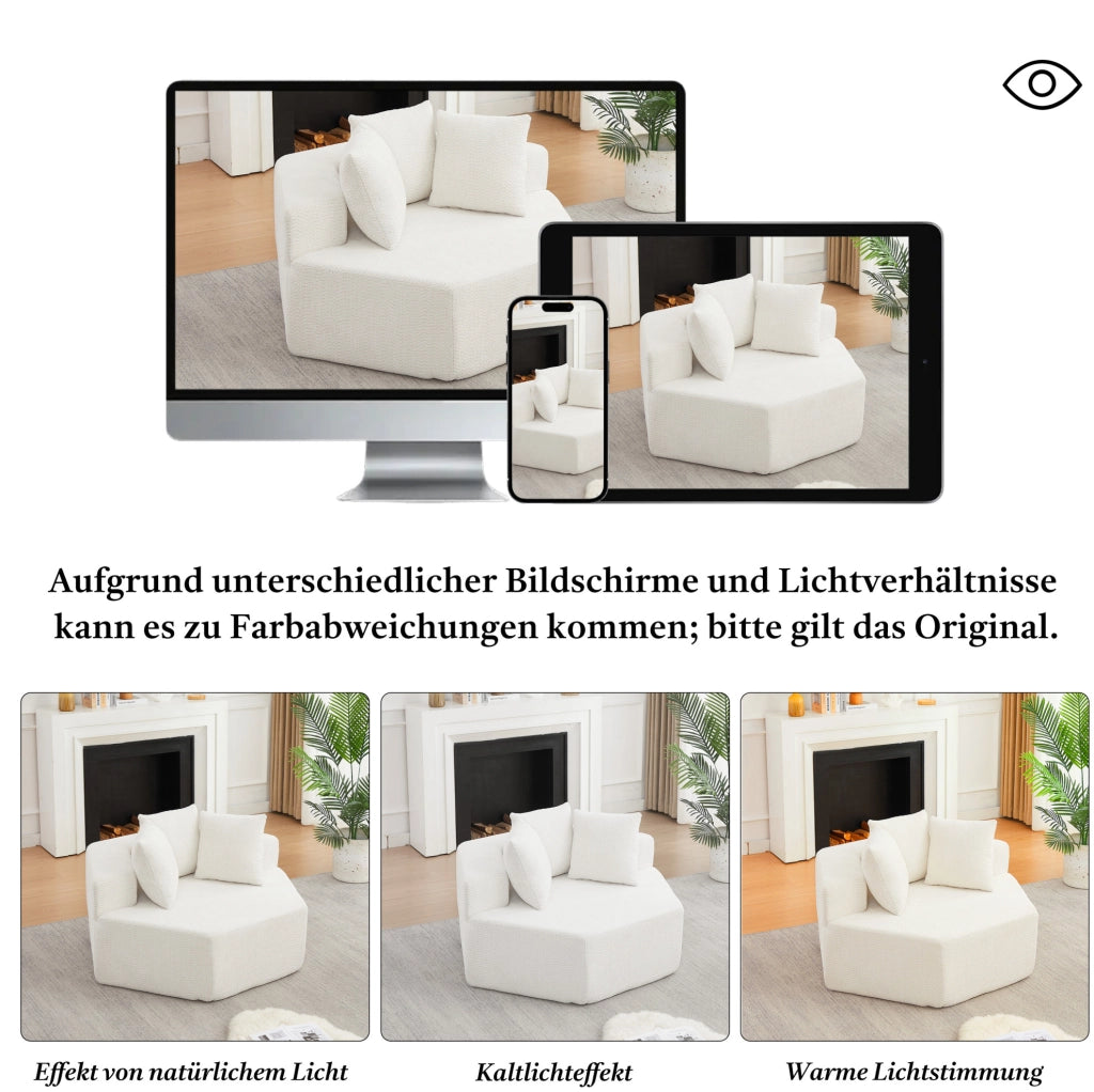 Poltrona lounge modulare esagonale in chenille beige con 3 cuscini