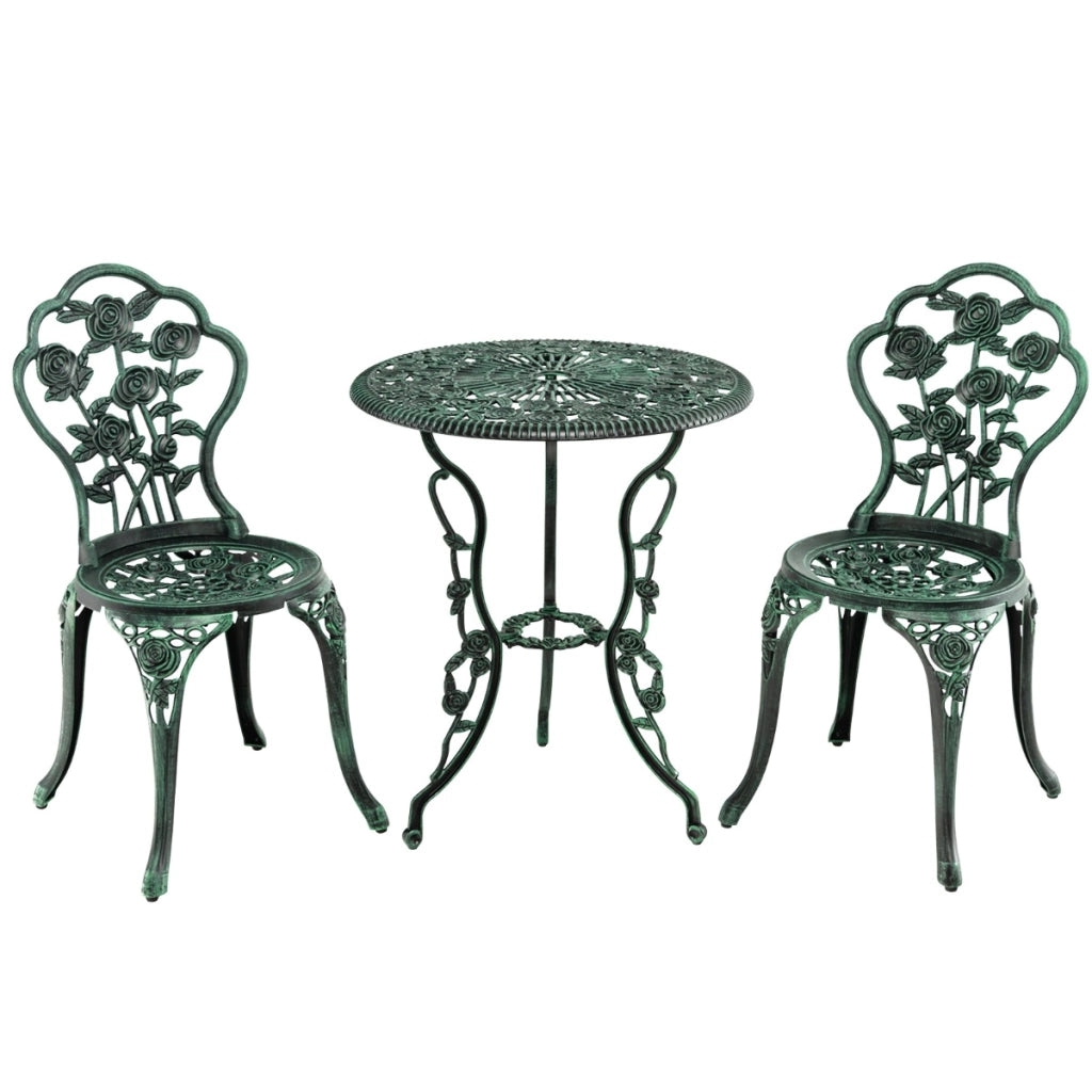 Set 3 pezzi da esterno in ghisa e alluminio, Tavolo con foro per ombrellone e 2 sedie da giardino Verde scuro-Set mobili da esterno