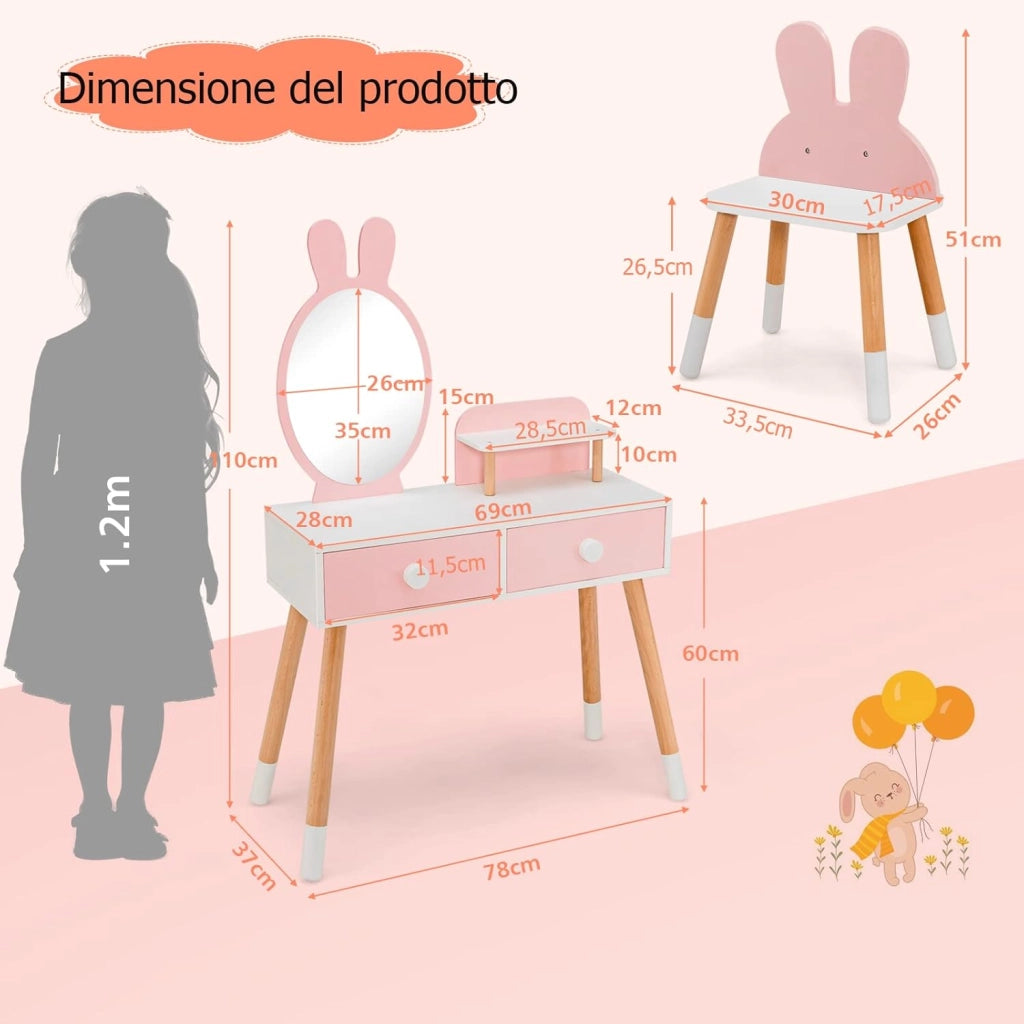 Toeletta Trucco 2 in 1 per Bambina, Specchiera a Forma di Coniglio Staccabile per Ragazza in Legno con Sgabello, Ripiano e 2 Cassetti, Postazione Trucco, 78 x 37 x 110cm (Rosa)