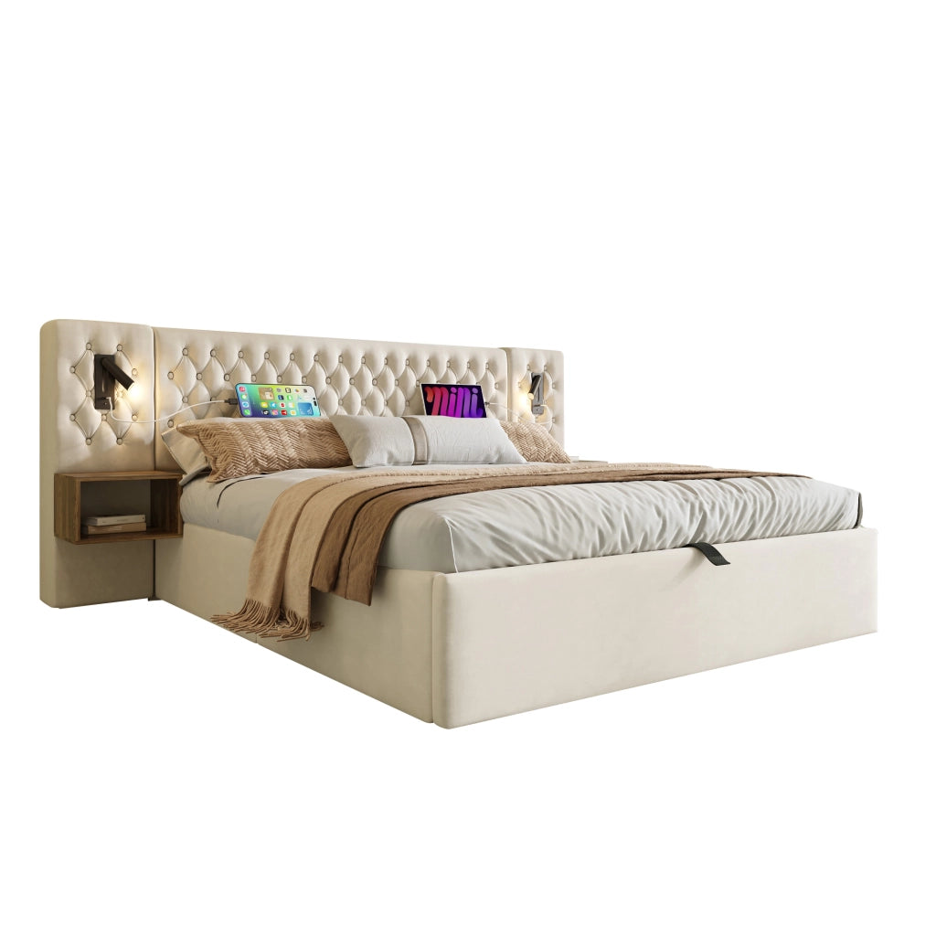 Letto Contenitore 160 x 200 cm; Letto Matrimoniale con 2 Comodini; USB-C e Luci da Lettura; senza Materasso; Beige