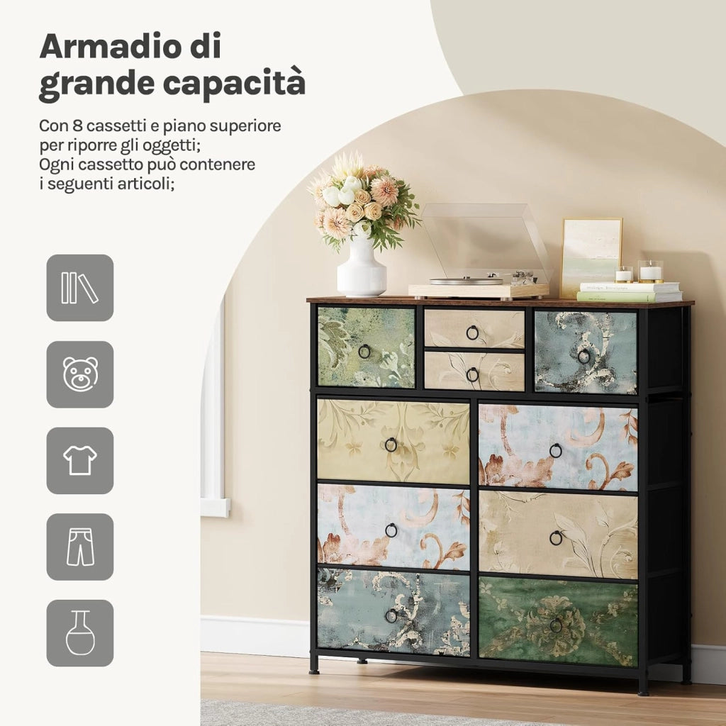 Cassettiera, 10 Cassetti per Camera da Letto/Corridoio/Soggiorno,arrone Rustico e Nero con Motivo Fiore Retrò, Struttura in Metallo, 100x 30x 100cm, SSK009pw