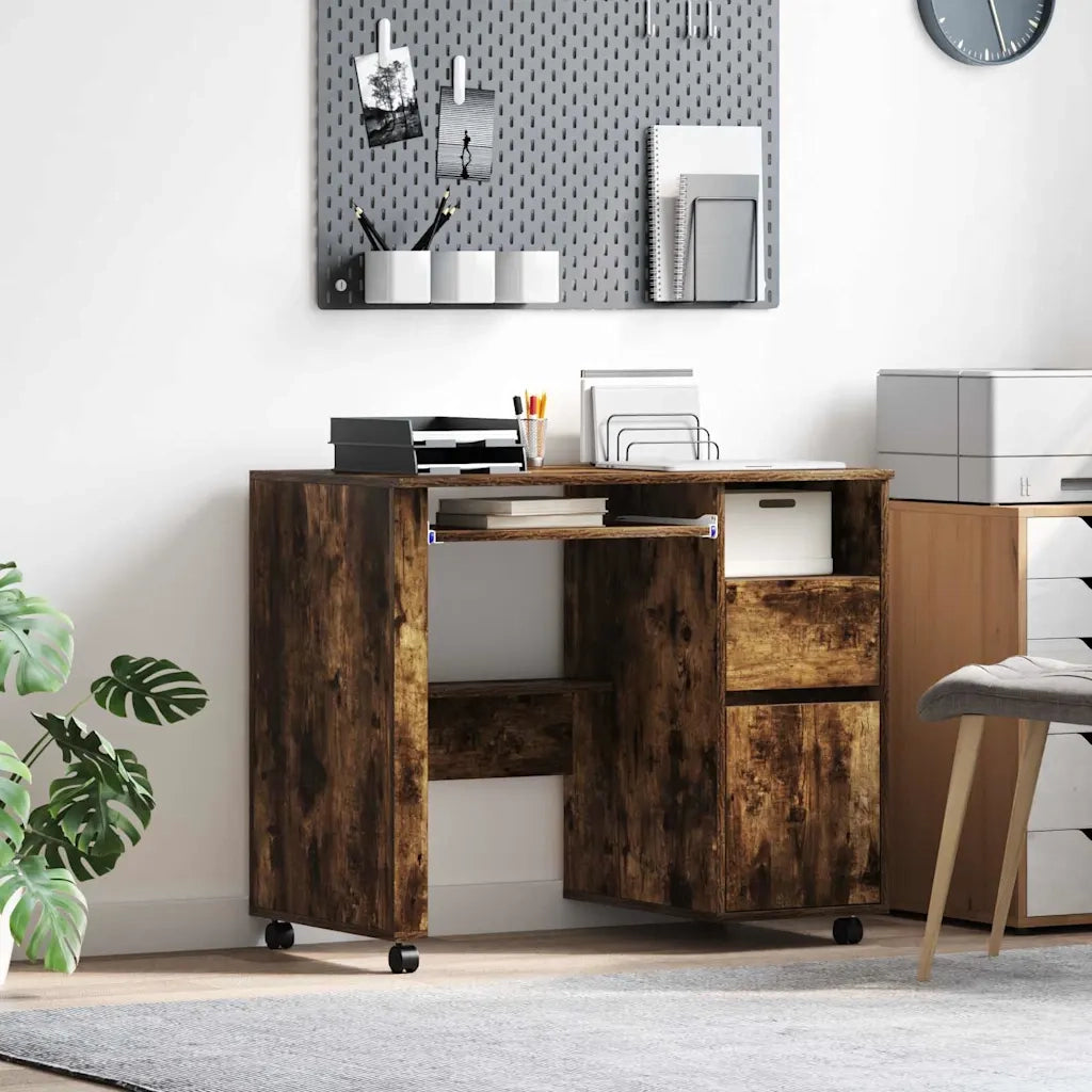 Scrivania | Tavolo da Ufficio con Ruote con cassetto Rovere fum¨¦ 91 x 50 x 77 cm
