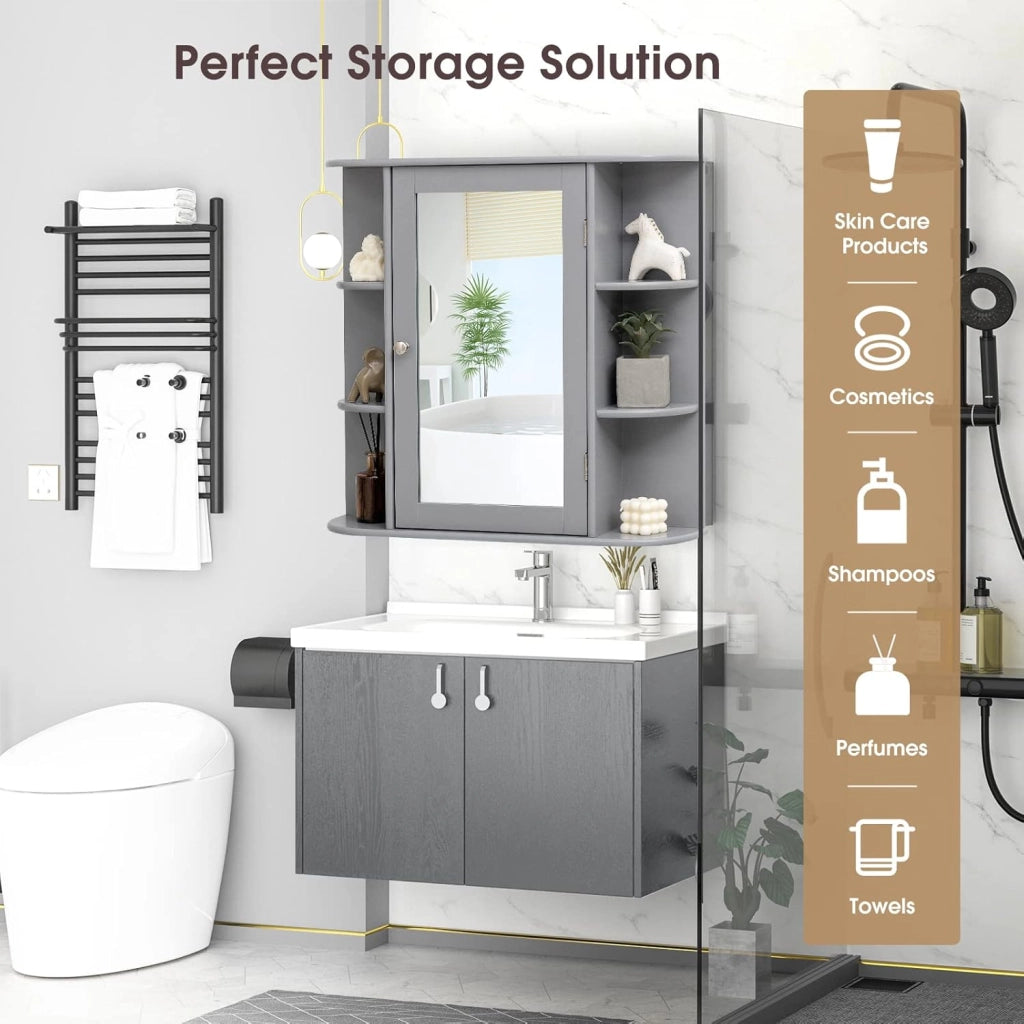 Armadietto Bagno a Parete, Mobiletto Pensile in Legno con Ante di Specchio, 6 Scomparti Laterali e 4 Ripiani di Stoccaggio, 3 Colori Disponibili, 65x17x64cm (Grigio)