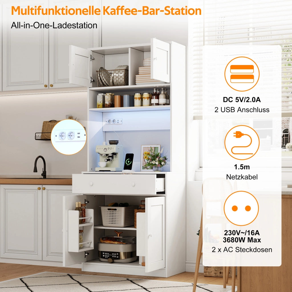Credenza cucina multifunzione 72x40x180 cm con LED; prese USB e finitura bianca in MDF