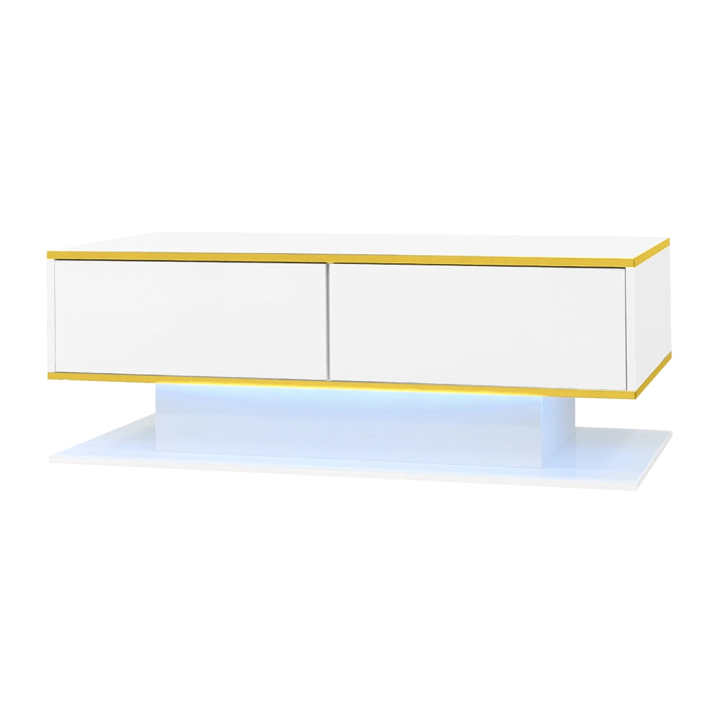 Tavolino da caffè 100x50x40 cm con 3 cassetti e LED in pannello di particelle bianco e oro