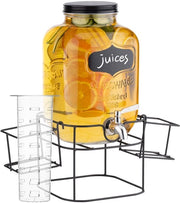 Dispensatore per bibite 5L - Frigorifero con maniglia - Dispensatore in vetro per succhi - Due contenitori per bicchieri - Standard in metallo nero - Per bevande fredde
