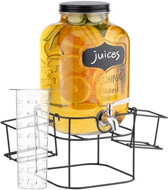 Dispensatore per bibite 5L - Frigorifero con maniglia - Dispensatore in vetro per succhi - Due contenitori per bicchieri - Standard in metallo nero - Per bevande fredde