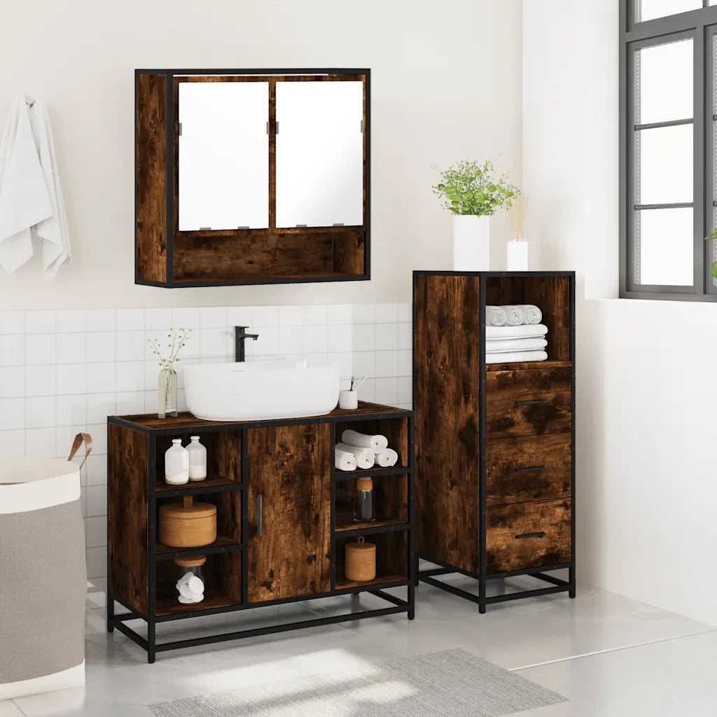 Set Mobili da Bagno 3 pz Rovere Fumo in Legno Multistrato 3301062