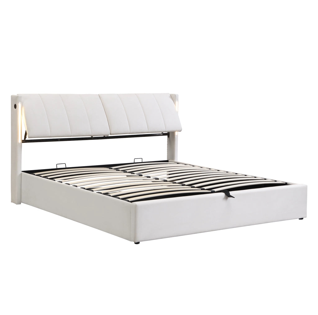 Letto 140x190 cm con vano contenitore, LED e porta USB integrata in PU bianco