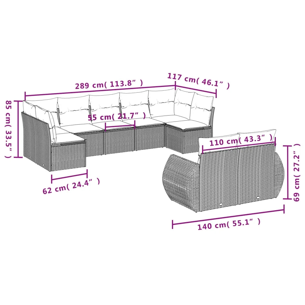 Set Divani da Giardino 9 pz con Cuscini Nero in Polyrattan 3221815