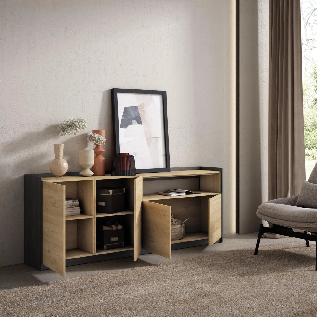 Credenza, Mobile, Cucina, 207x80x37 cm, 4 Porte, grande stoccaggio, Rovere e nero