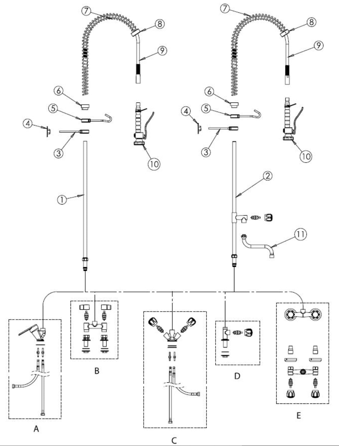 Rubinetto per cucina industriale professionale completo in ottone