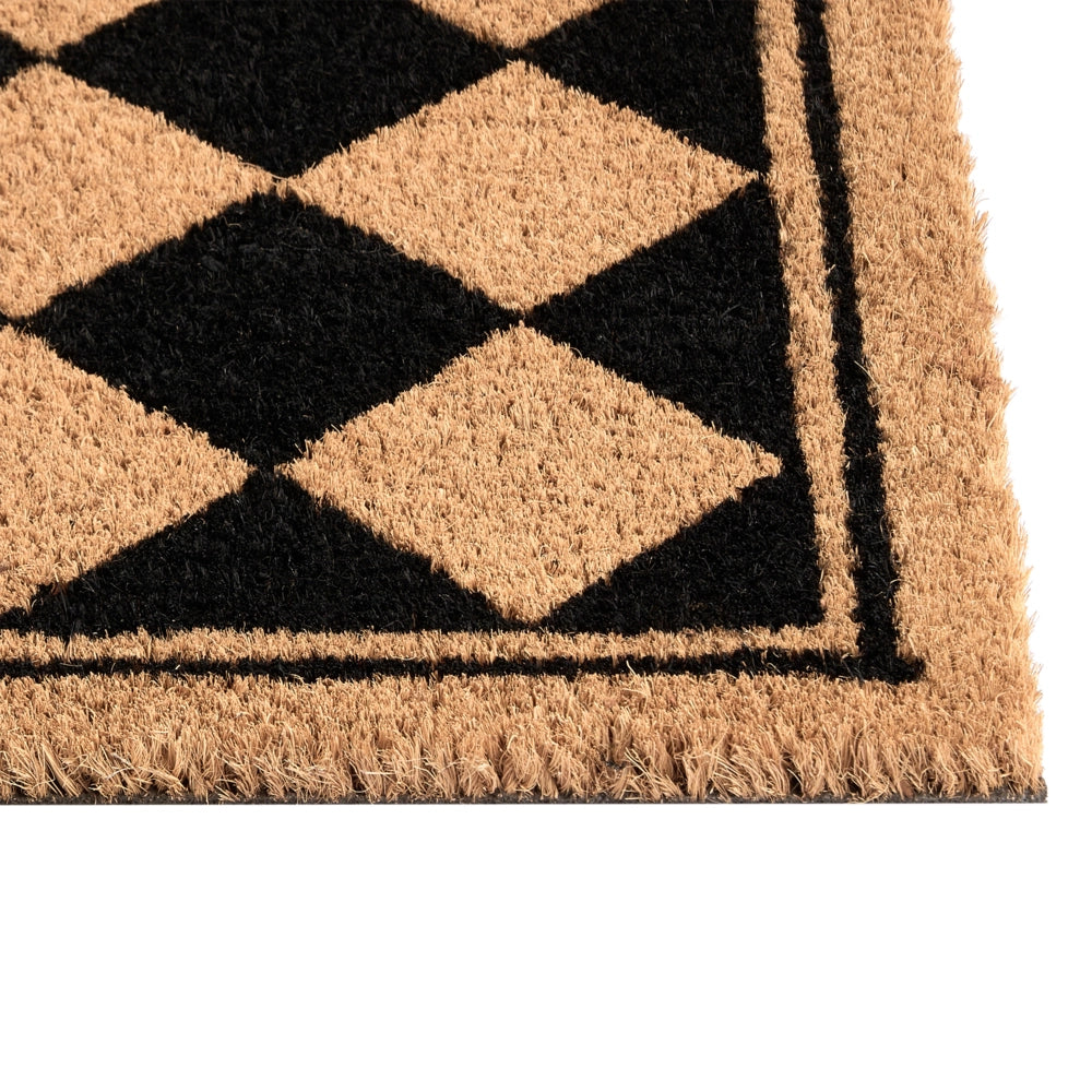Zerbino in fibra di cocco beige e nero con fondo antiscivolo, 55 x 120 cm. Zerbino decorativo antiscivolo con motivo a rombi