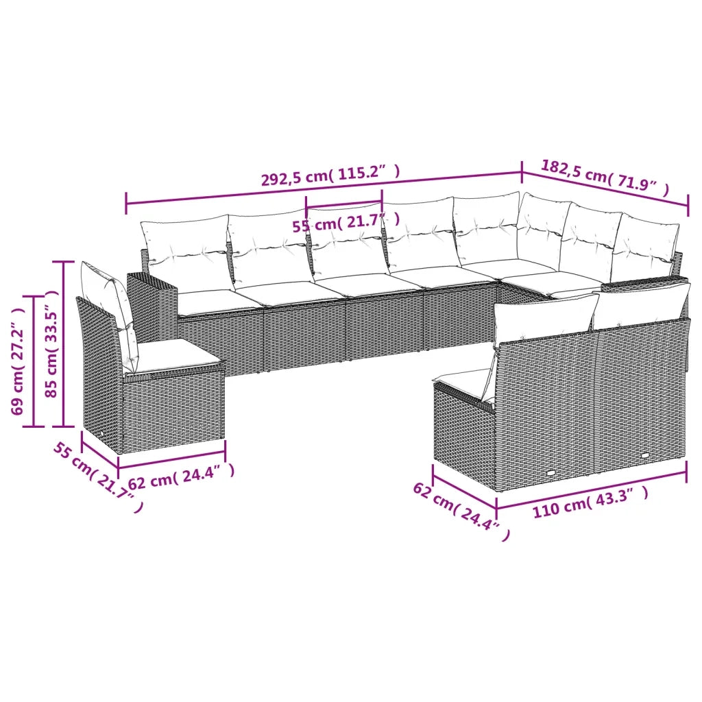 Set Divano da Giardino 10 pz con Cuscini Beige in Polyrattan 3251445