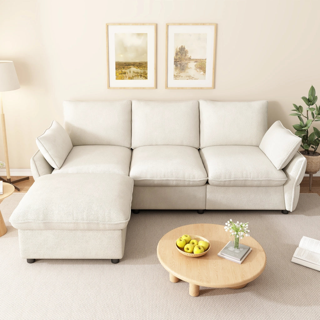 Divano angolare L in chenille beige con pouf, 3 posti, design moderno per soggiorno