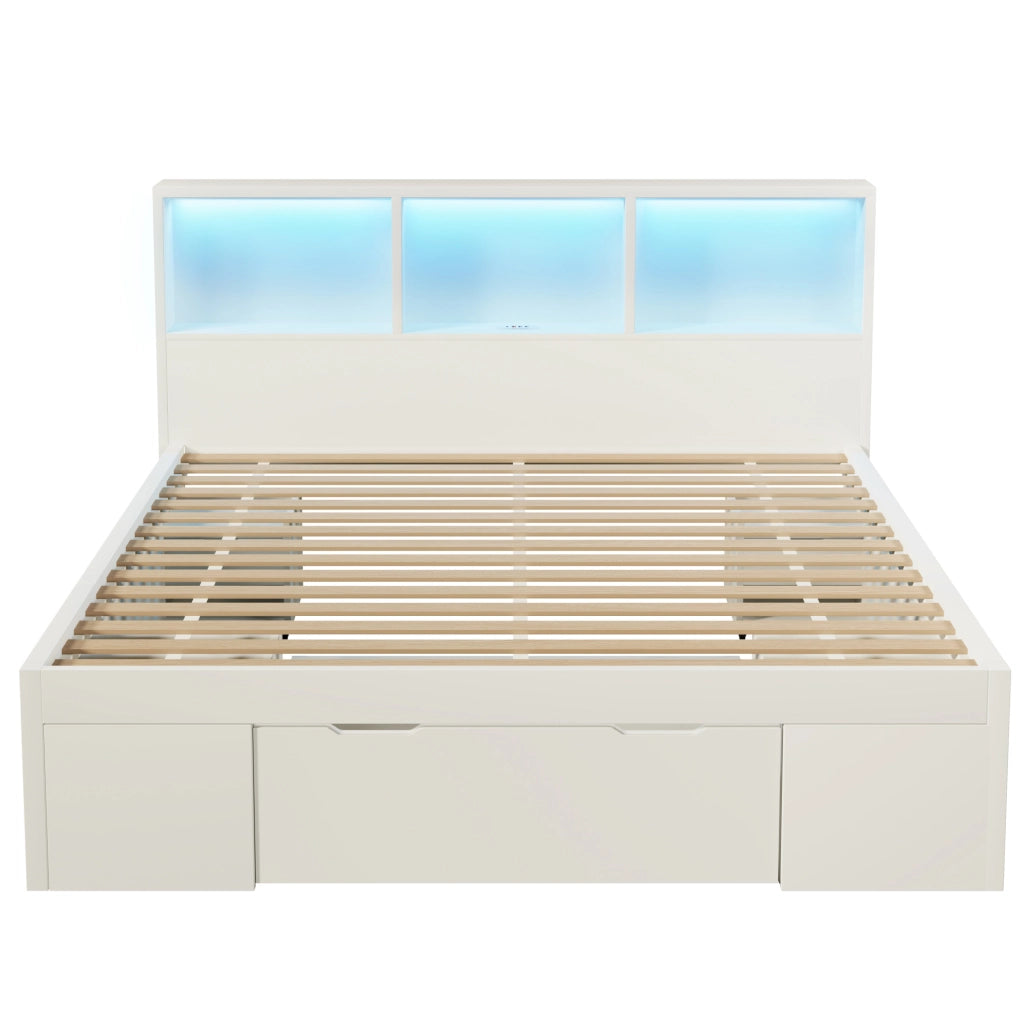 Letto matrimoniale ULEVR 140x200 cm bianco con LED, USB-C, cassetto e 2 comodini mobili