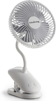 Innoliving Ventilatore Pieghevole Ricaricabile Senza Fili,Altezza Regolabile, 3 Velocità, Angolo 90°, Batteria Litio 1800mAh, Ricarica USB, Portatile, Conveniente (Bianco, 15 cm Pieghevole con Clip)