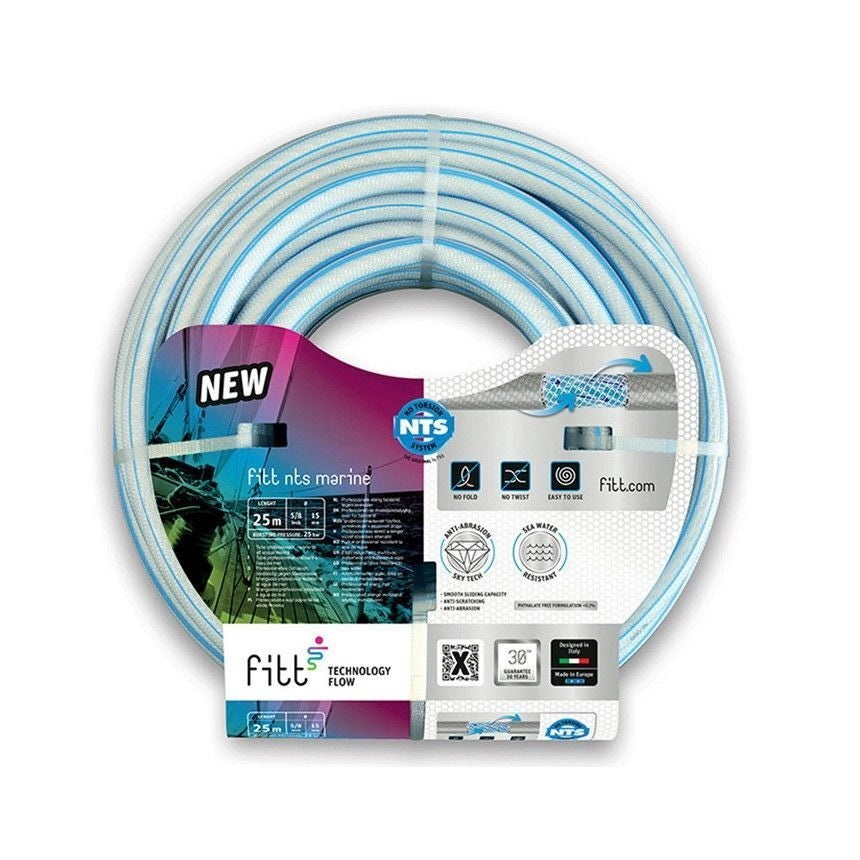 FITT MARINE Manguera NTS 19 mm x 25 m Tecnologia No Torsion System Resistente ai Raggi UV e all'Acqua Salata colore Bianco con Righe Blu