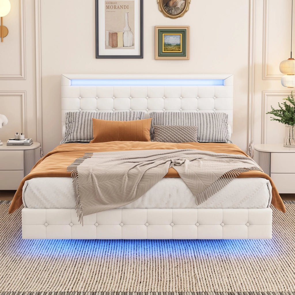 Letto Matrimoniale con LED Regolabile e Testiera Regolabile 140×200 cm; senza Materasso; PU; Bianco