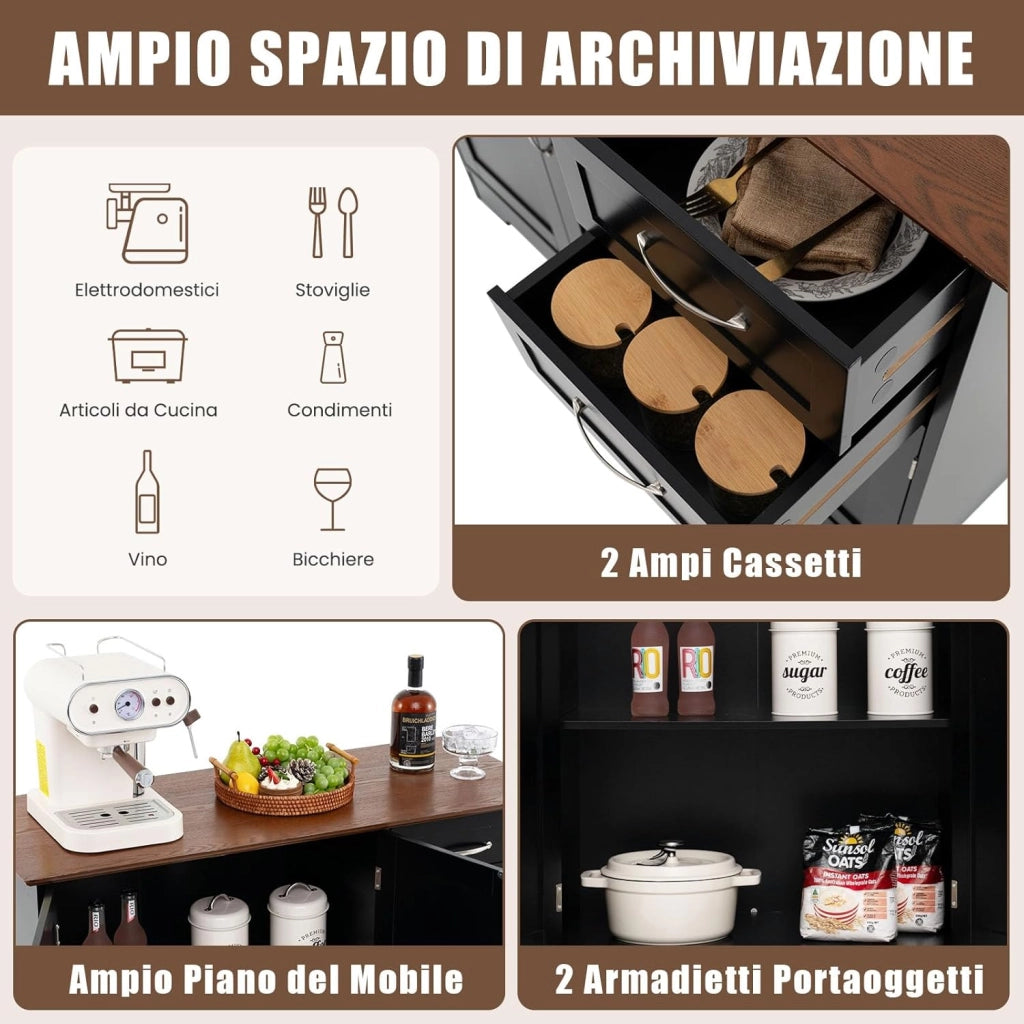 Credenza Buffet, Armadio di Stoccaggio Moderno con 2 Ante e 2 Cassetti, Ripiano Regolabile, per Cucina, Sala da Pranzo, 100 x 40 x 78 cm (Nero)