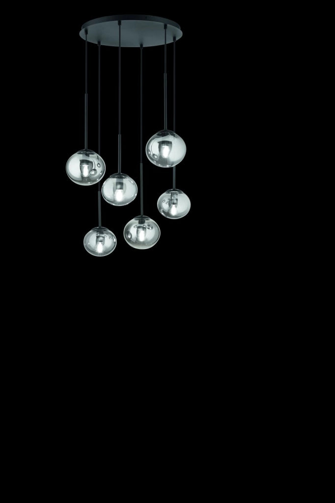 SOSPENSIONE JEWEL 6 LUCI NERO VETRO FUME' ATTACCO E14 VETRO D.15-17CM