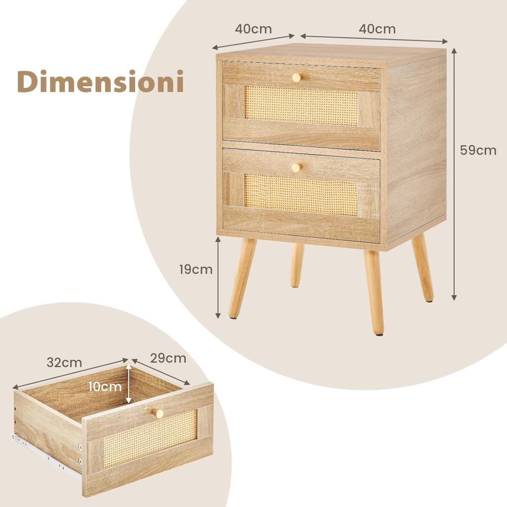 Comodino in Rattan con 2 Cassetti, Tavolini Laterali Moderni con Gambe in Legno Massello, per Soggiorno e Camera da Letto, 40 x 40 x 59 cm (2)