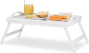 Tavolo letto pieghevole in bambù con bordo sollevato e maniglie - Tavolo da colazione letto - 22 x 615 x 30 cm - Bianco