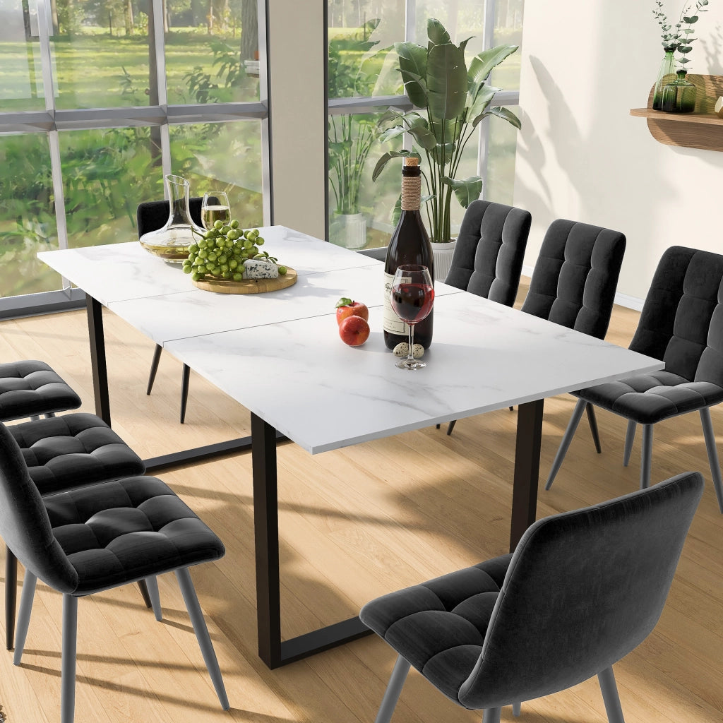 Tavolo da pranzo allungabile con 8 sedie, piano in MDF bianco, gambe in metallo, per cucina e sala da pranzo