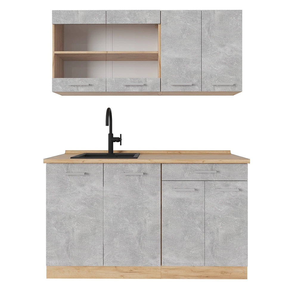 Vicco Cucina completa Calcestruzzo/quercia dorata 140 cm senza piano di lavoro