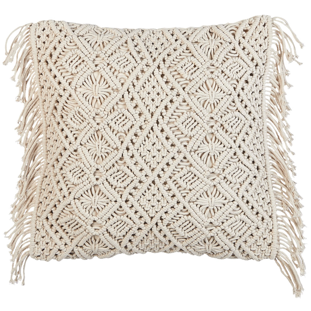 Set di 2 cuscini in cotone e macramè con frange e motivo intrecciato beige stile boho elegante salotto
