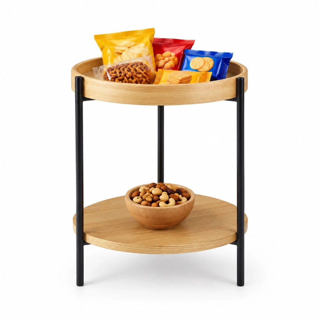 Tavolino da caff¨¨ rotondo ?69x38 cm a 2 ripiani in legno massello, MDF e ferro