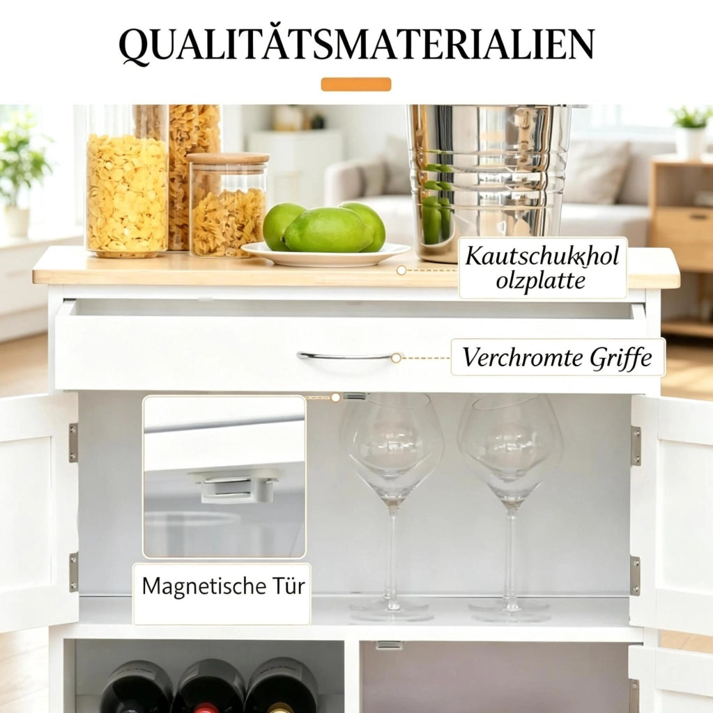 CARRELLO DA CUCINA 67x37x87 cm Bianco e Legno di Gomma con Ruote