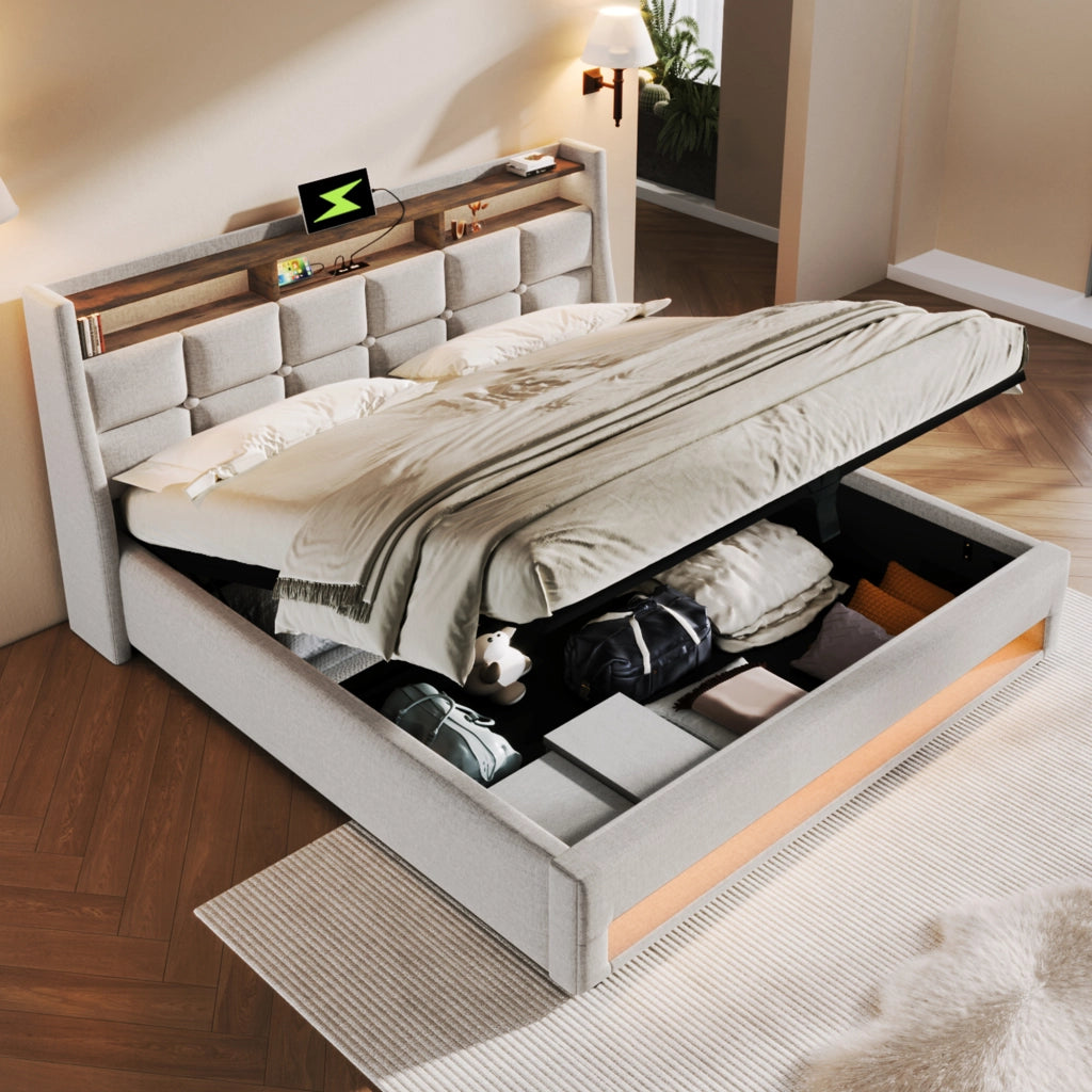 Letti contenitori 180x200 cm; LED e USB; lino; beige chiaro (Senza materasso)