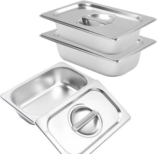 Set di 3 contenitori GN 1/4 con coperchio, contenitori GN in acciaio inossidabile, per cucina e dispensa, impermeabili, riciclabili, contenitore metallico per piccola colazione (26,5 x 16,5 x 6,5 cm)