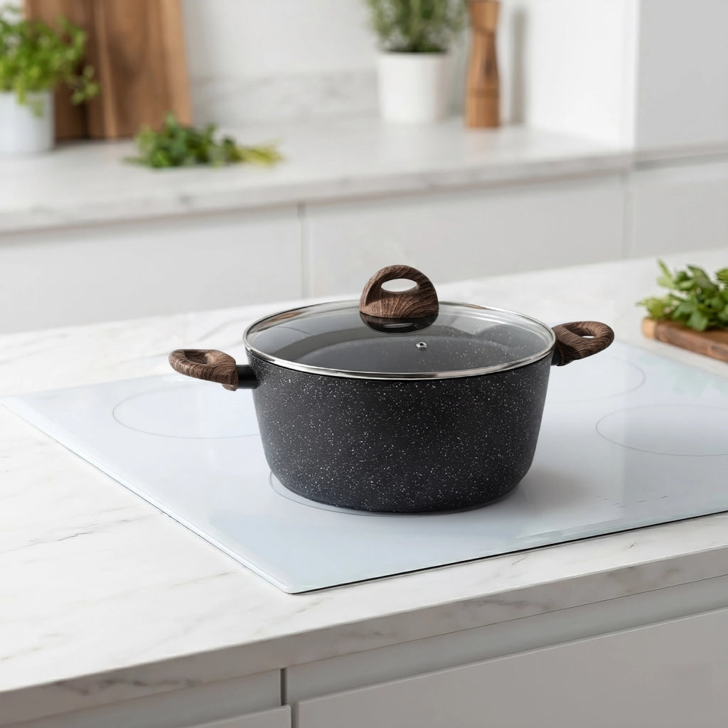 Casseruola Antiaderente con Coperchio in Vetro per Induzione 20 24 28 cm Pentola Effetto Pietra Compatibile Gas Vetroceramica e Piano Elettrico Marble 24 Cm