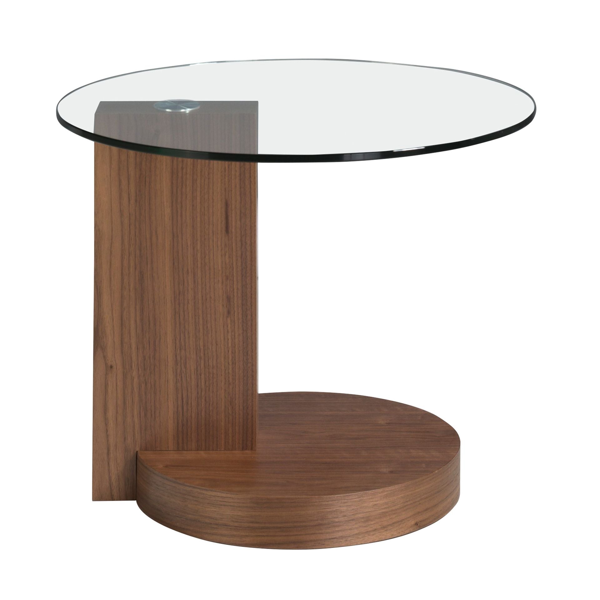 Tavolo angolare rotondo in vetro temperato e noce