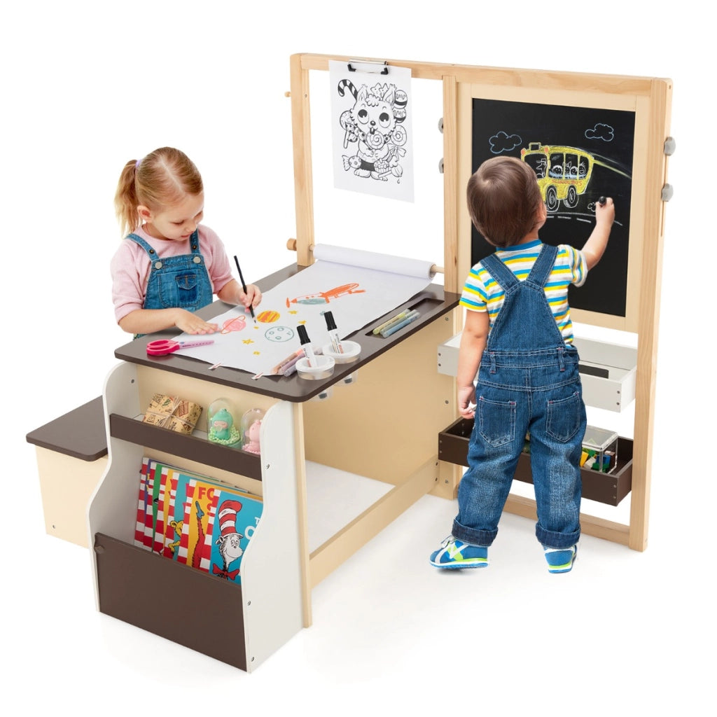 Set tavolo e panca per bambini con cavalletto regolabile a doppia faccia, Centro artistico in legno 114x81x100cm Caff¨¨-Tavoli e sedie