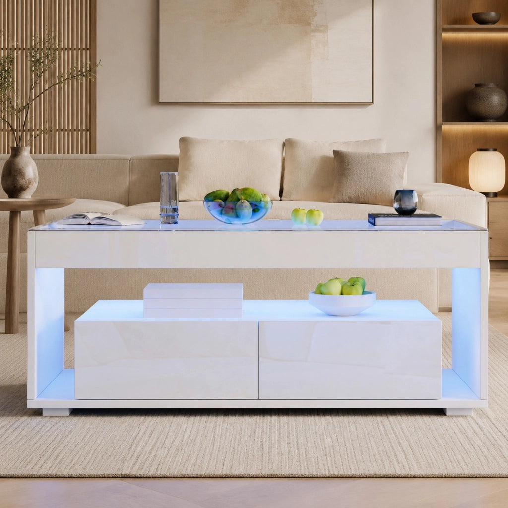 Tavolino da caffè LED bianco 100x50x40 cm con 2 cassetti