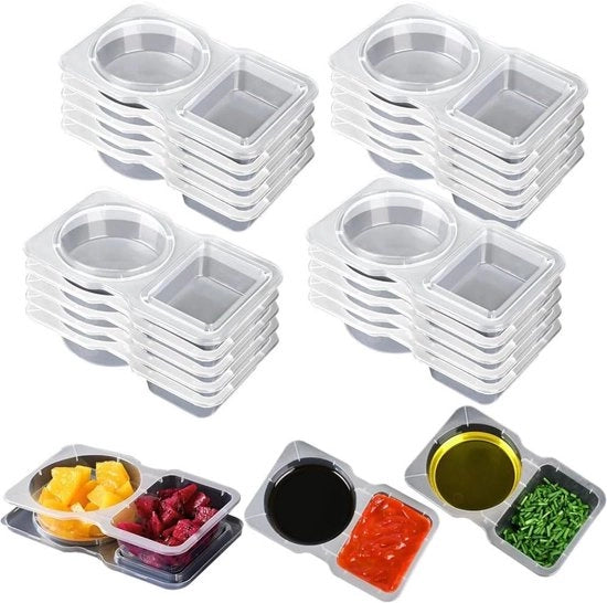 Confezione da 20 Scatole per Snack riutilizzabili con 2 Compartimenti (14 x 8,5 x 2,5 cm) - Scatola di Stoccaggio trasparente per la preparazione dei pasti, salse e spezie - Resistenti al lavastoviglie con coperchio, chiusura ermetica