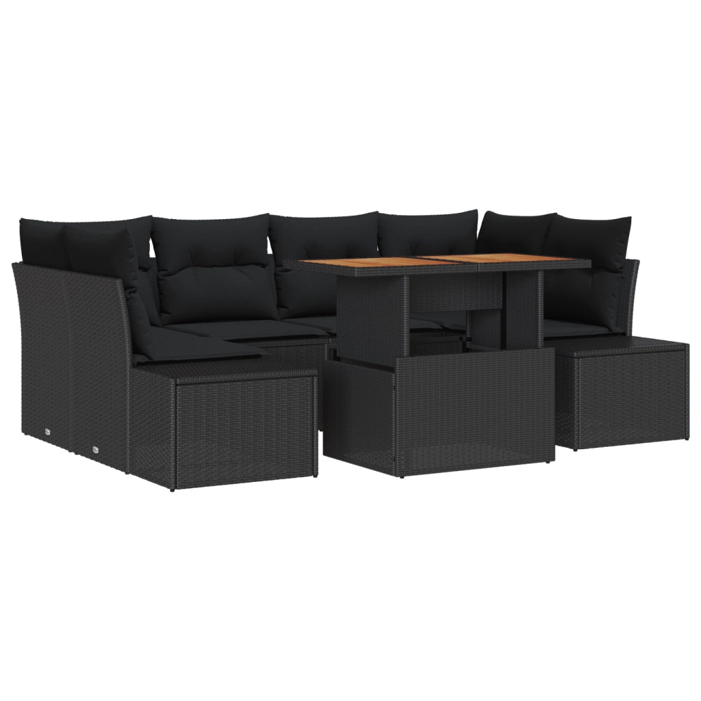 Set di SofÃ  da Giardino 7 Pezzi con Cuscini Nero Rattan Poliestere