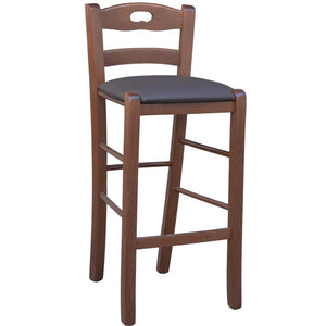 Sgabello legno noce scuro con foro nello schienale h66 seduta ecopelle marrone