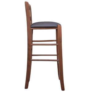 Sgabello legno noce scuro con foro nello schienale h66 seduta ecopelle marrone