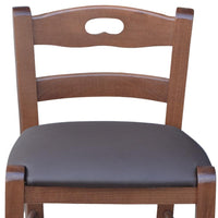 Sgabello legno noce scuro con foro nello schienale h66 seduta ecopelle marrone