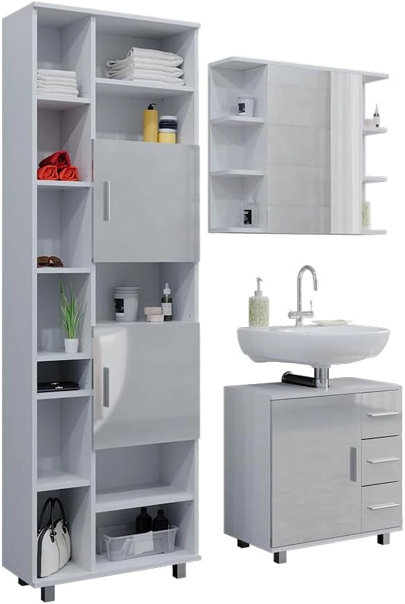 Set mobili bagno Ilias, Bianco lucido, 60 cm, composto da mobile sottolavabo, specchiera e colonna alta