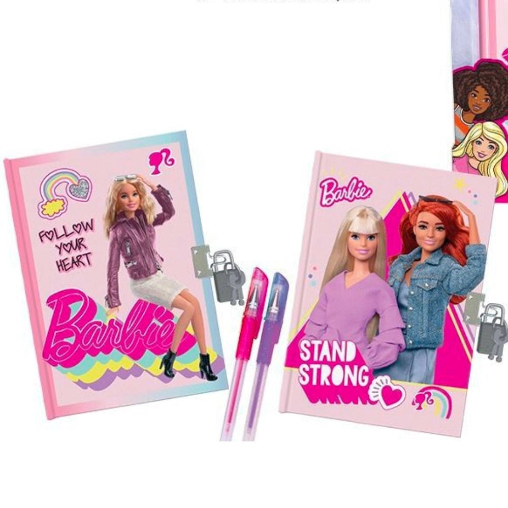 Trade Shop - Set Diari Segreti Barbie Con Lucchetto E Chiavi Penne Gel Glitterate Colorate -