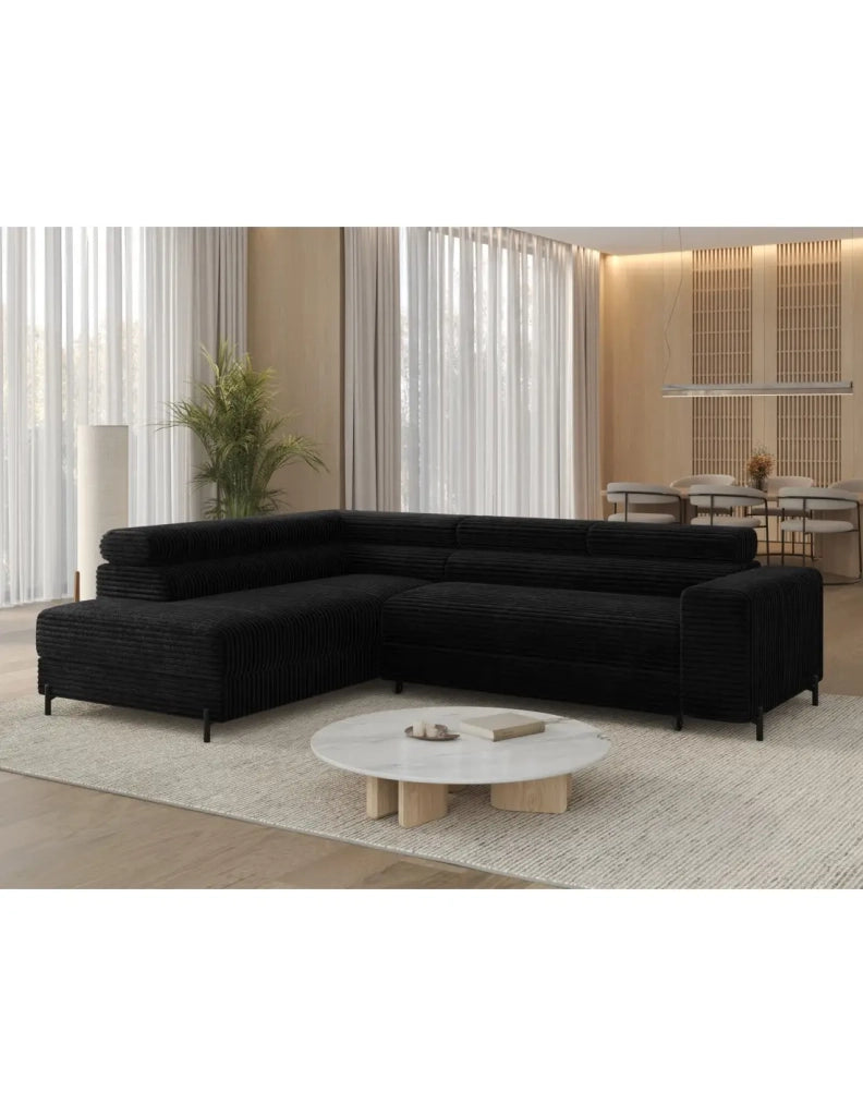 Divano ad angolo COLESIA convertibile 5 posti nero velluto a coste – sinistra – 274x200cm