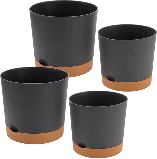 Collezione di vasi per piante 4 pezzi - Vasi in plastica con fori di drenaggio - Vasi per piante da camera - Vasi multi-tamponi - Set di diverse dimensioni - Colorazione grigio scuro - Vasi per fiori
