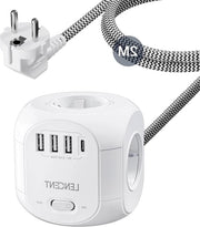Cubo di Presa 8 in 1 - Scatola di Presa Multipla con USB - 4 Prese - 3 USB - 1 Tipo C - Interruttore - Presa da Parete - Cavo a 2M con Fusto in Acciaio
