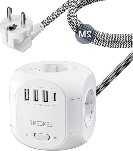 Cubo di Presa 8 in 1 - Scatola di Presa Multipla con USB - 4 Prese - 3 USB - 1 Tipo C - Interruttore - Presa da Parete - Cavo a 2M con Fusto in Acciaio