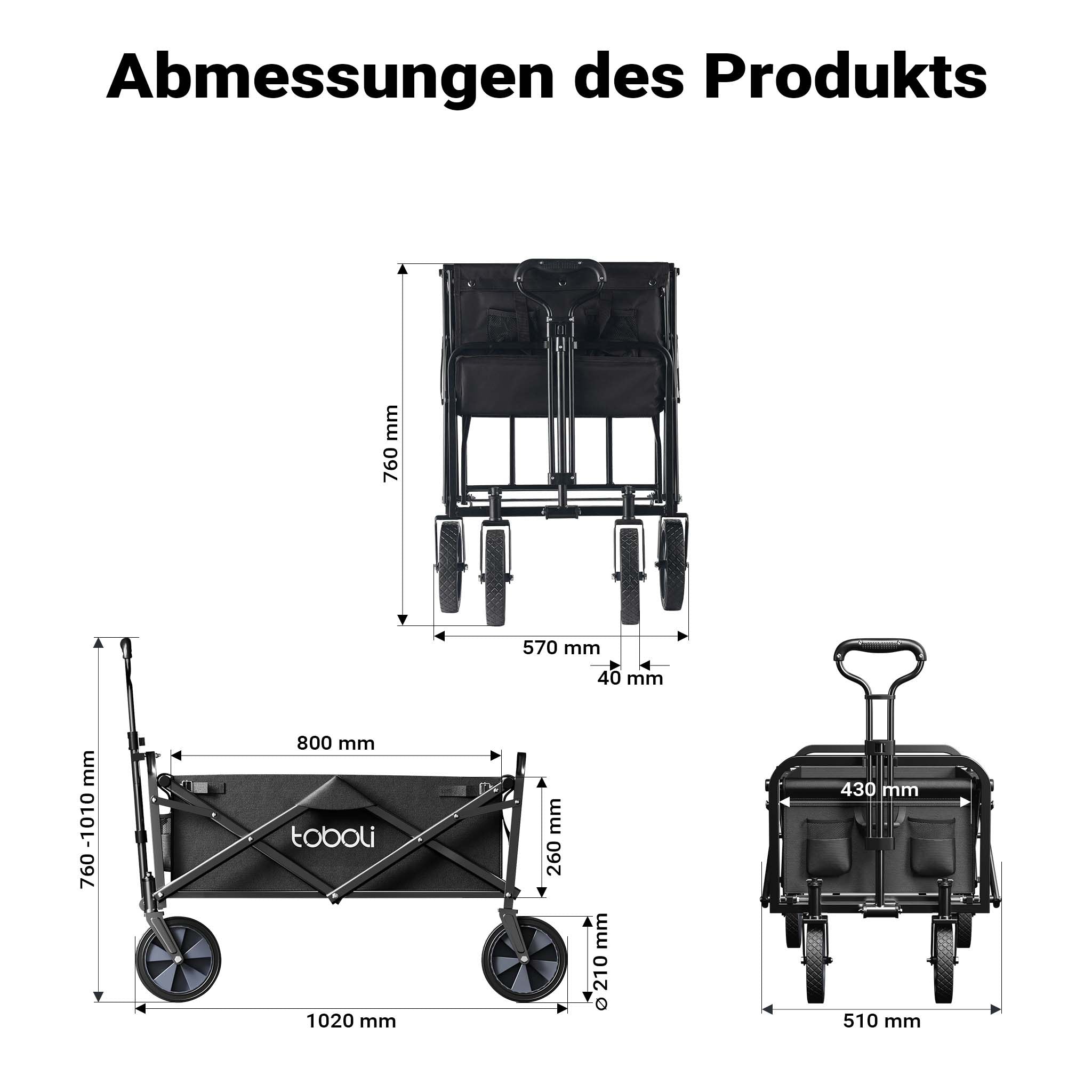 Toboli Carretto a mano pieghevole, max 100 kg, tessuto impermeabile nero e manico telescopico, Carrello spiaggia